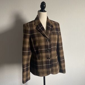 Lands’ End Wool Blazer Vtg Brown Plaid 3-Button Lined Academia Jacket Sz 8